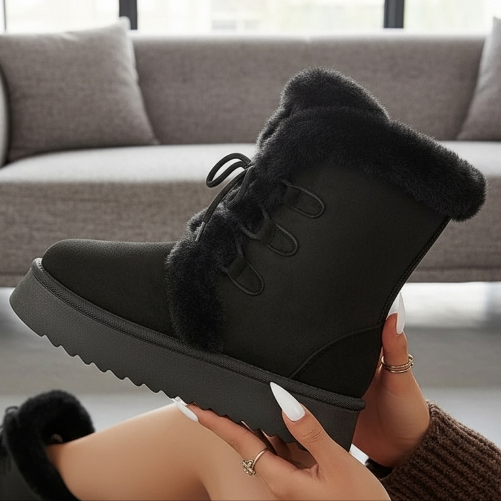 Faux Fur Platform Lace-up Winter Boots Plush Chunky Lug Vegan Suede Shoes